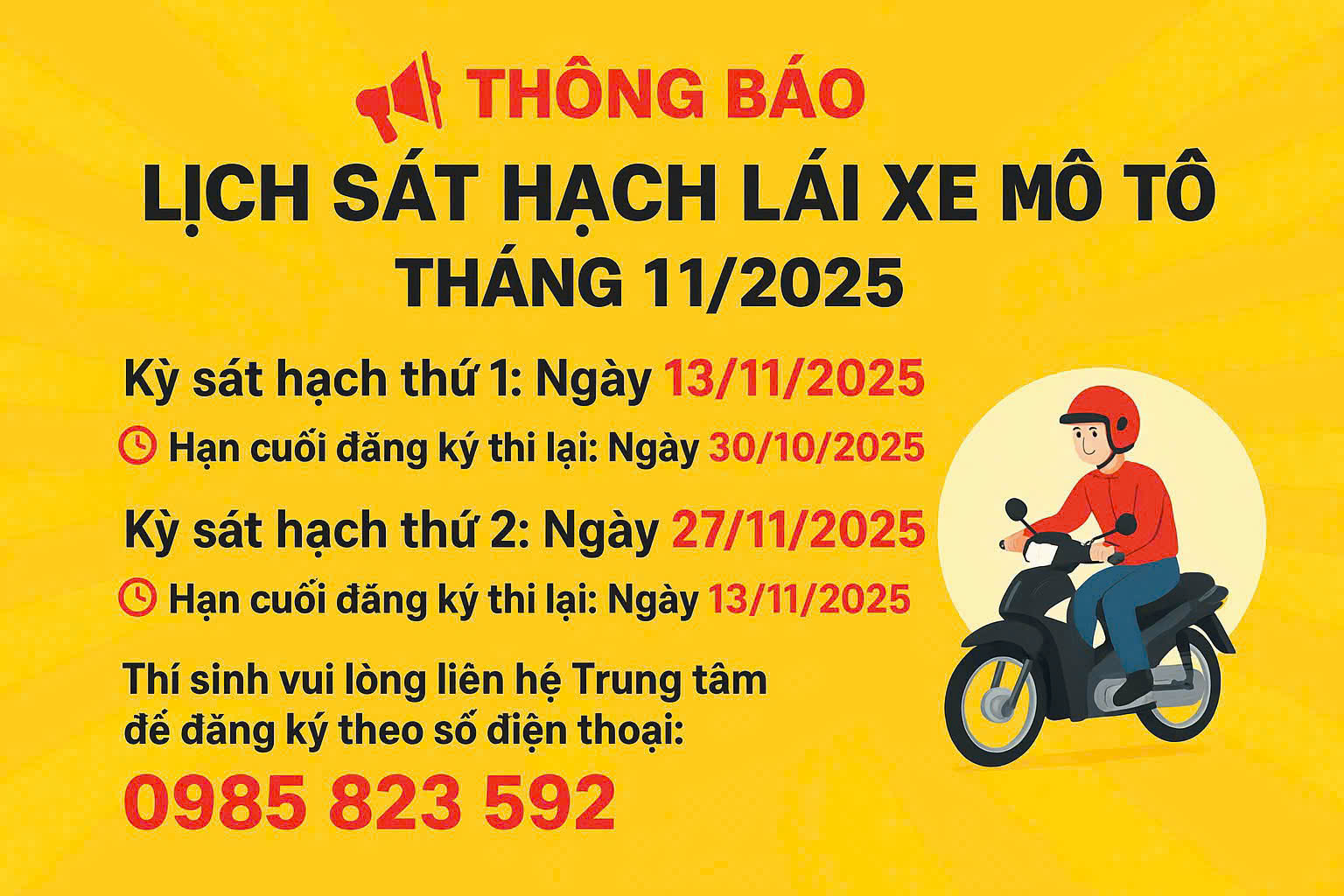 🔔 THÔNG BÁO LỊCH SÁT HẠCH LÁI XE MÔ TÔ THÁNG 11/2025